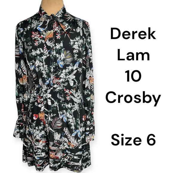 DEREK LAM size 6 
Bell-Sleeve Black Multicolor Floral Silk Dress - Picture 2 of 11